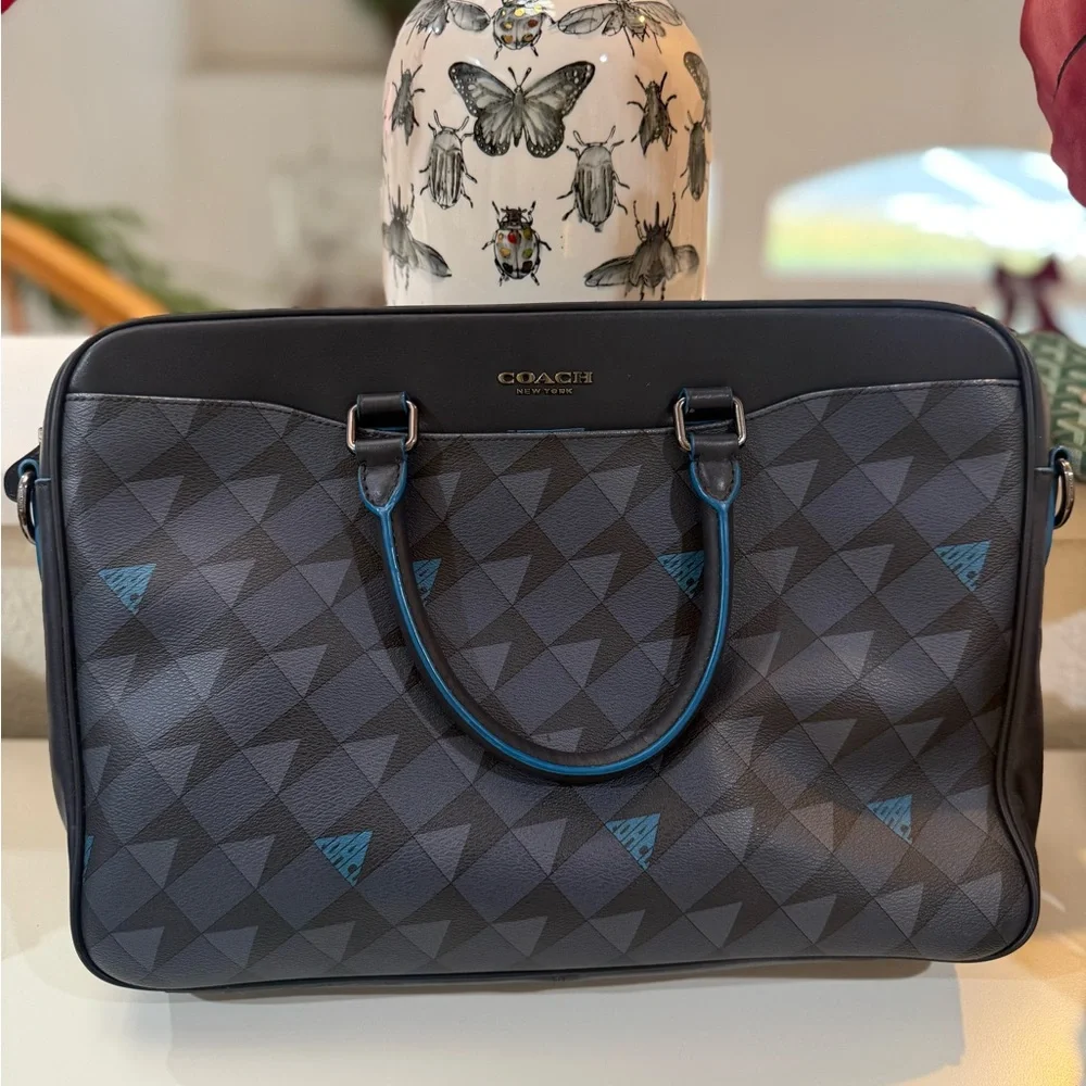 Coach Men's Black and Blue Triangular Pattern Briefcase